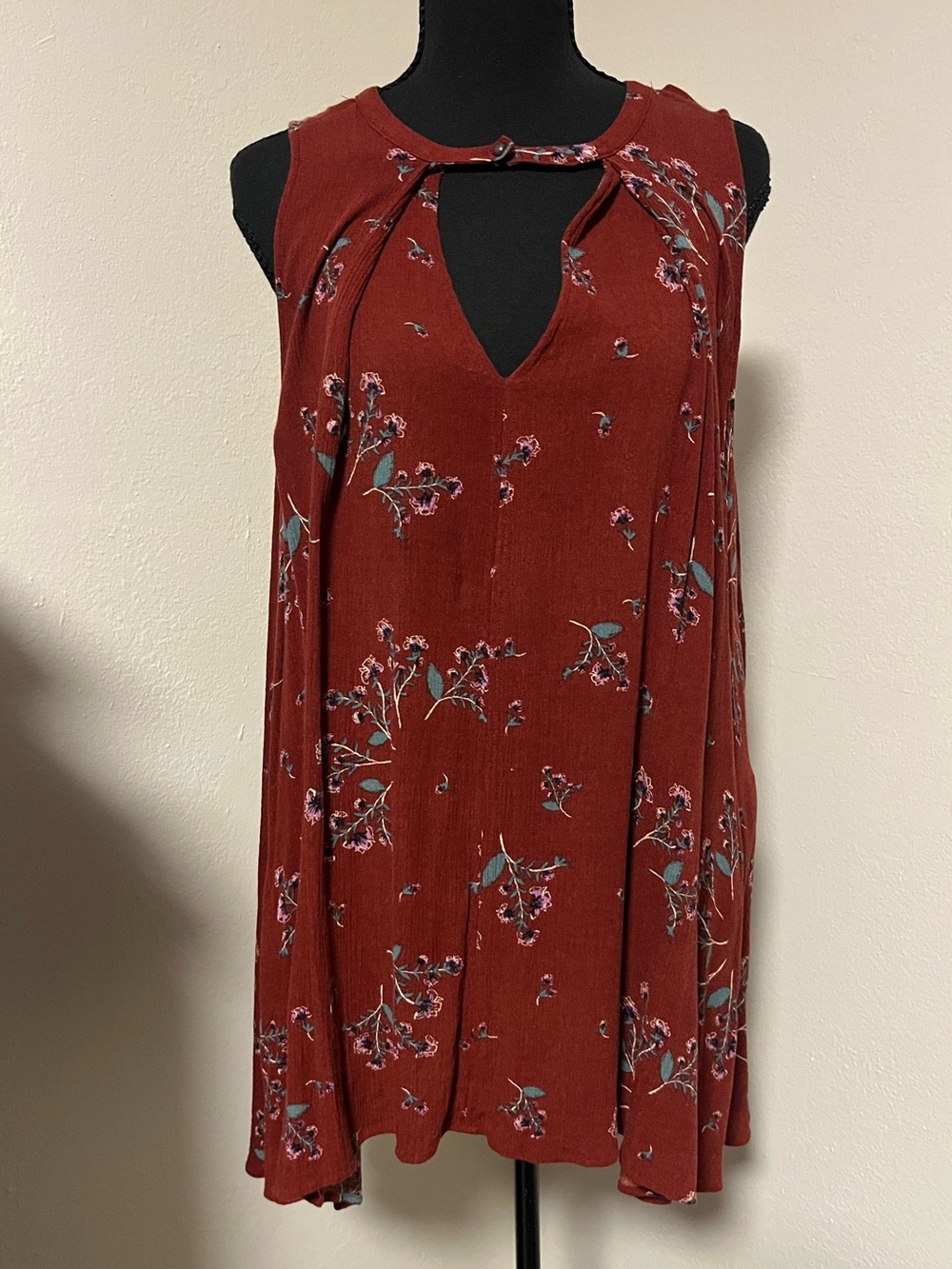 Free People Tree Swing Mini Dress-Rust Red Floral Sleeveless Keyhole-Small
